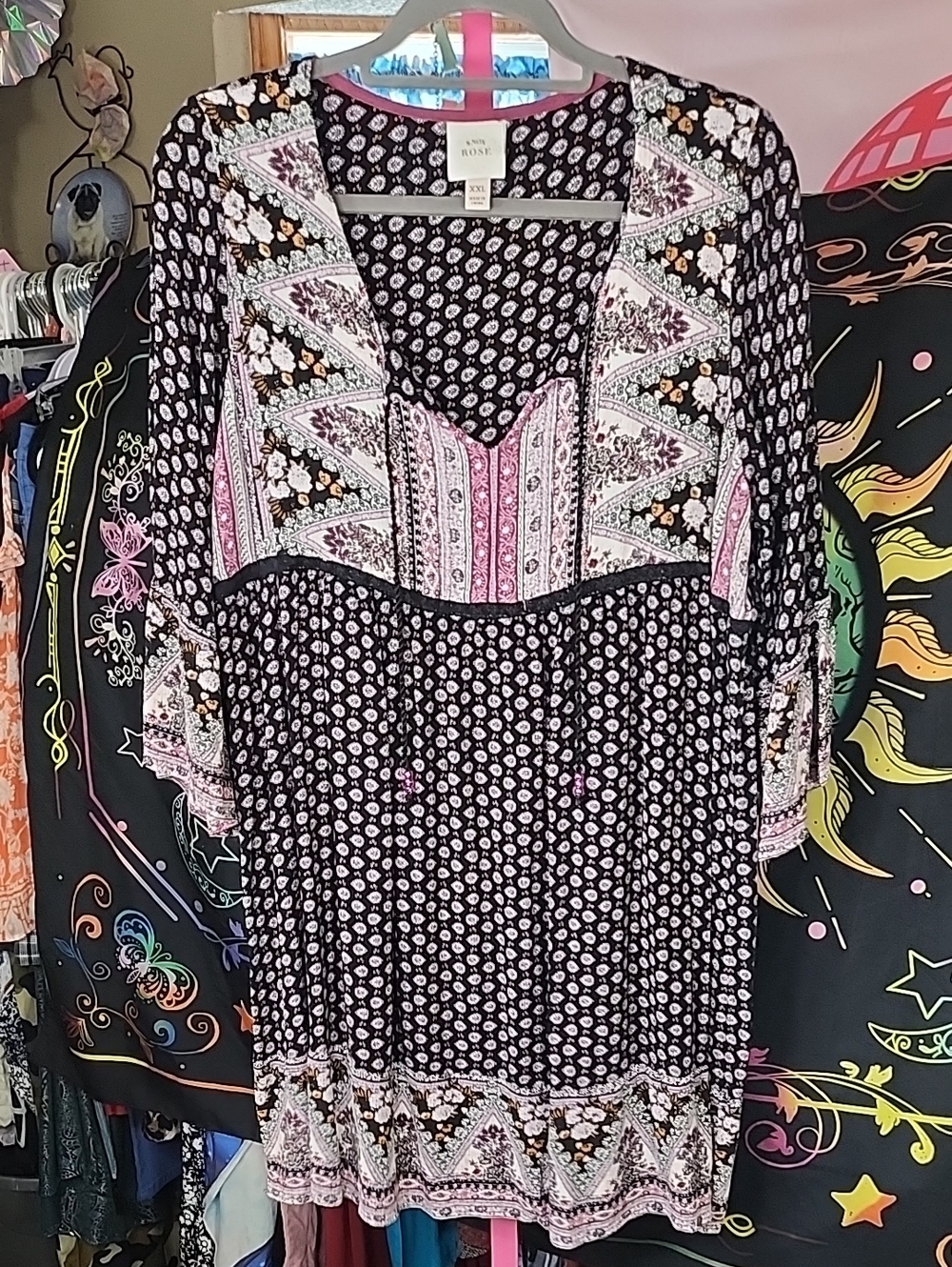 Knox Rose Black Midi Dress with Pink and Cream Geometric Accents 24ptp